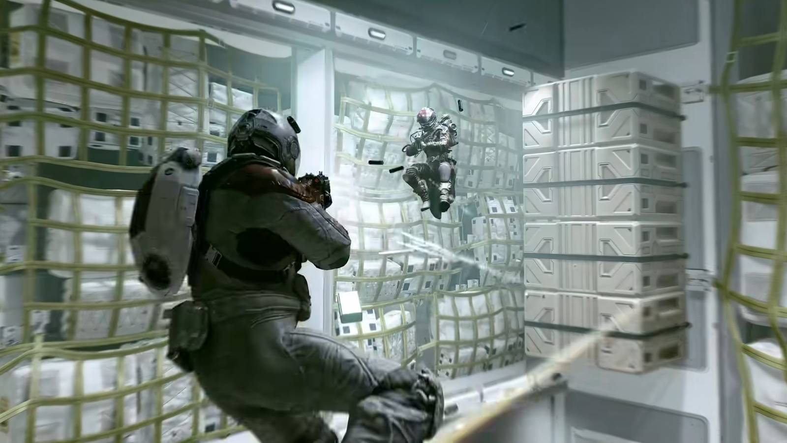 Screencap of a zero-g gunfight from the Starfield trailer