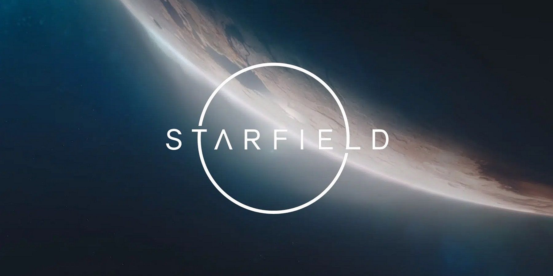 Le logo Starfield avec une planète sombre et imminente en arrière-plan.