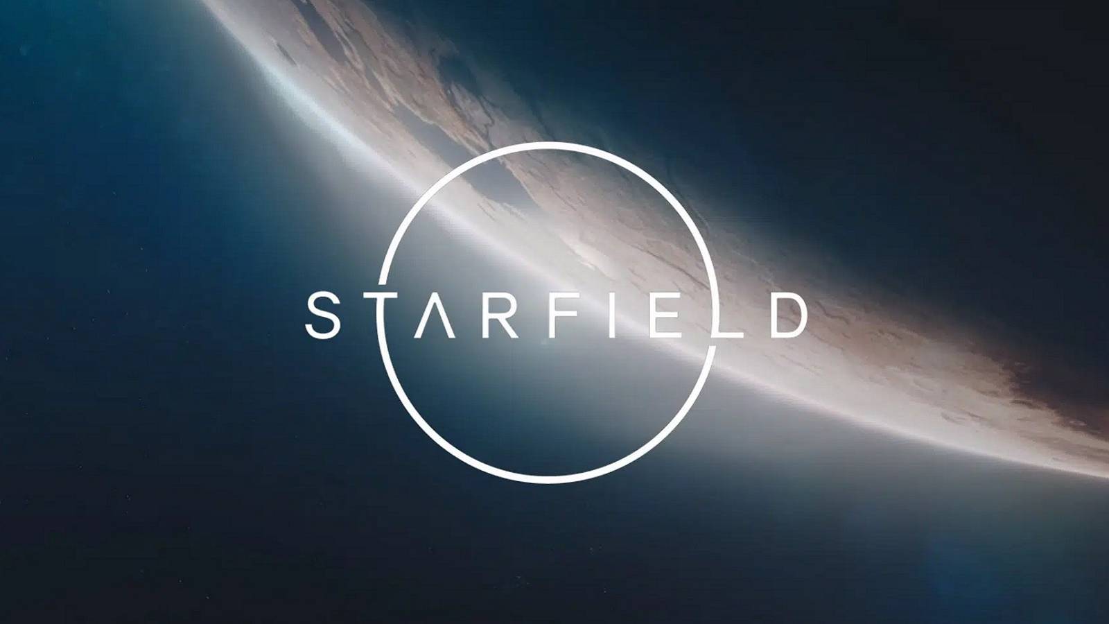 The Starfield logo with a dark, looming planet in the background.