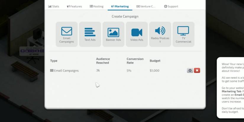 Player gains registered users for the website by running marketing campaigns