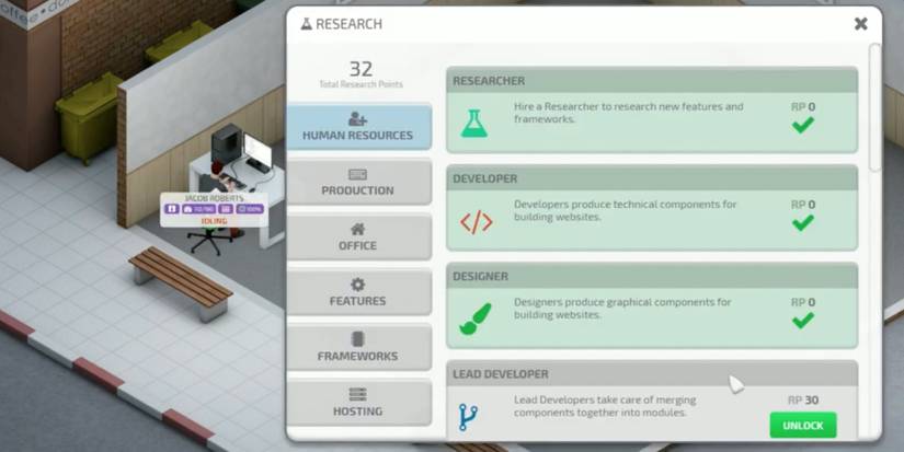 Player spends Research Point to unlock new roles for the company