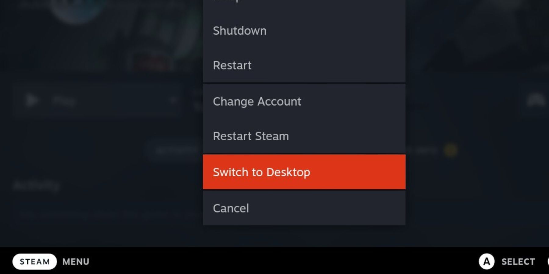 Steam Deck selecione modo Desktop