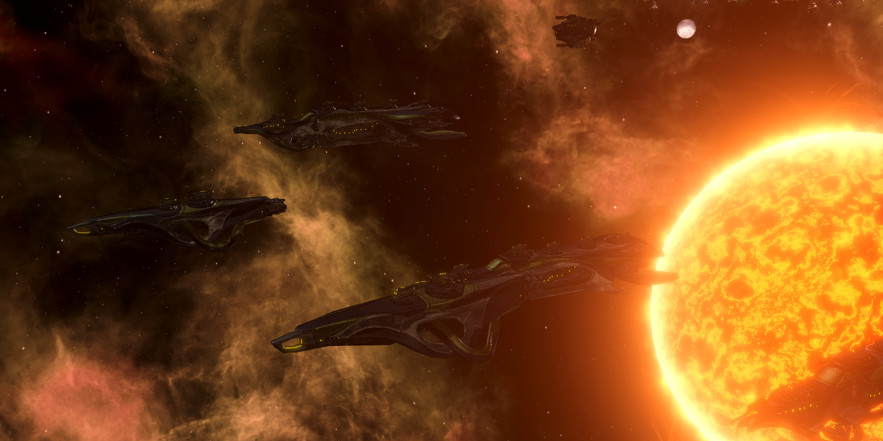 Stellaris Fleet flying in front of a sun