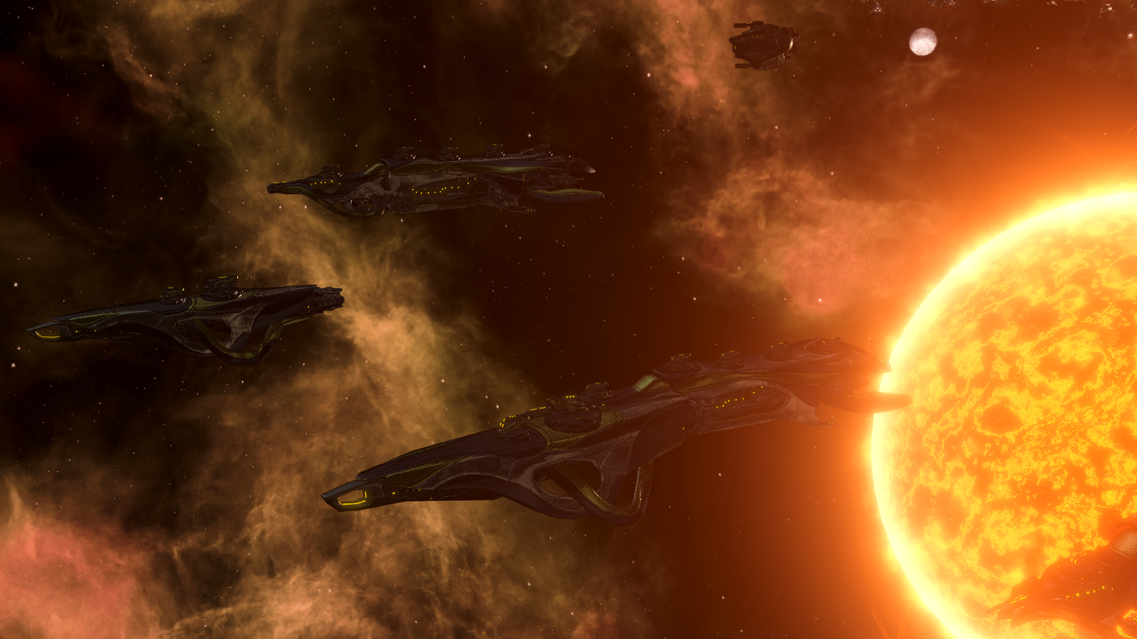 Stellaris Fleet flying in front of a sun