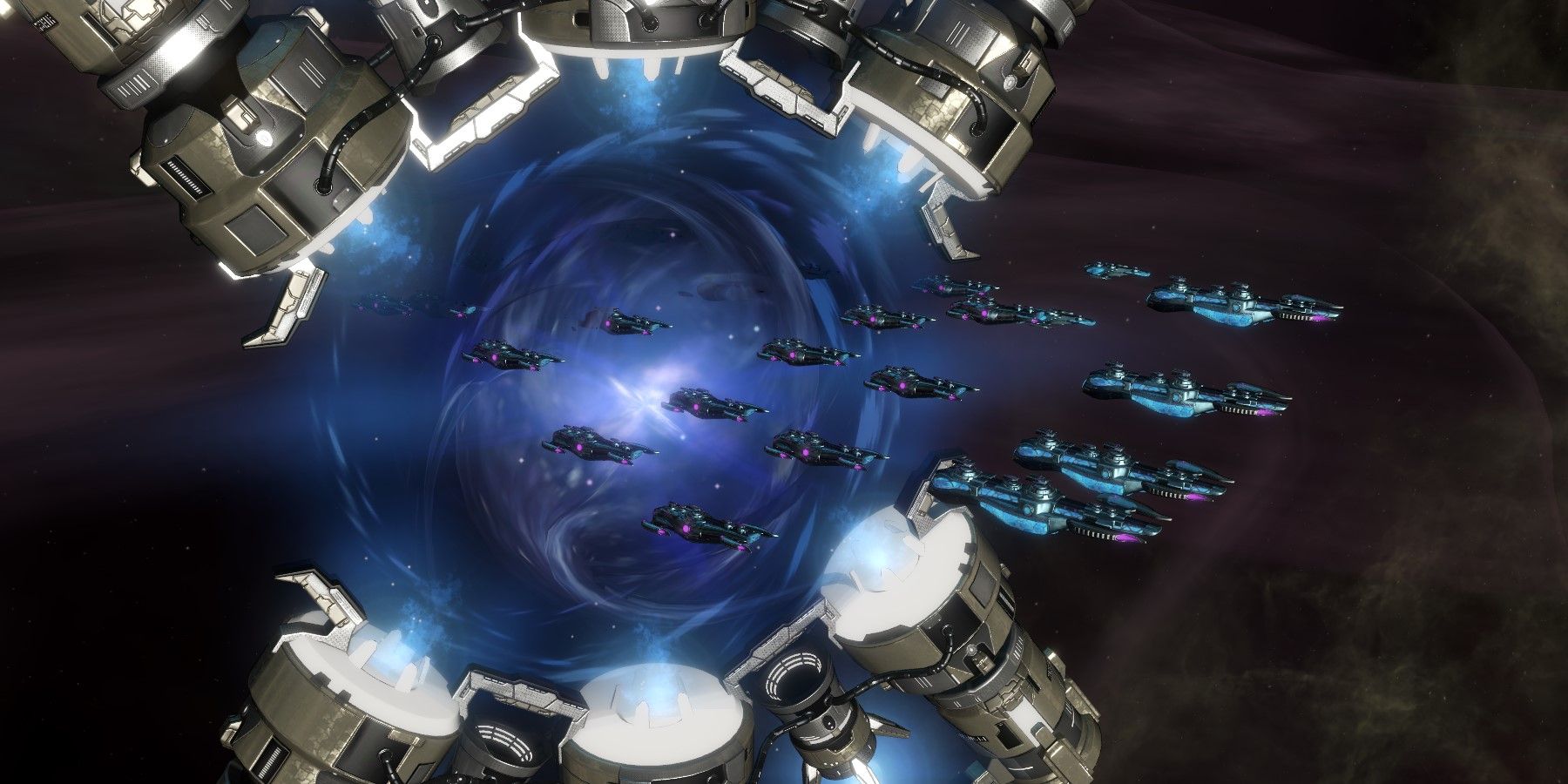 A fleet travelling through a Hyper Relay in Stellaris