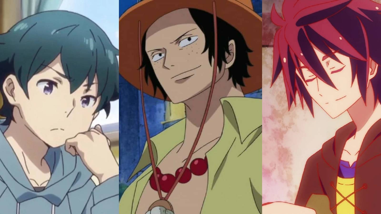Split image of Masamune Izumi from Eromanga Sensei, Portgas D. Ace from One Piece, and Sora from No Game No Life