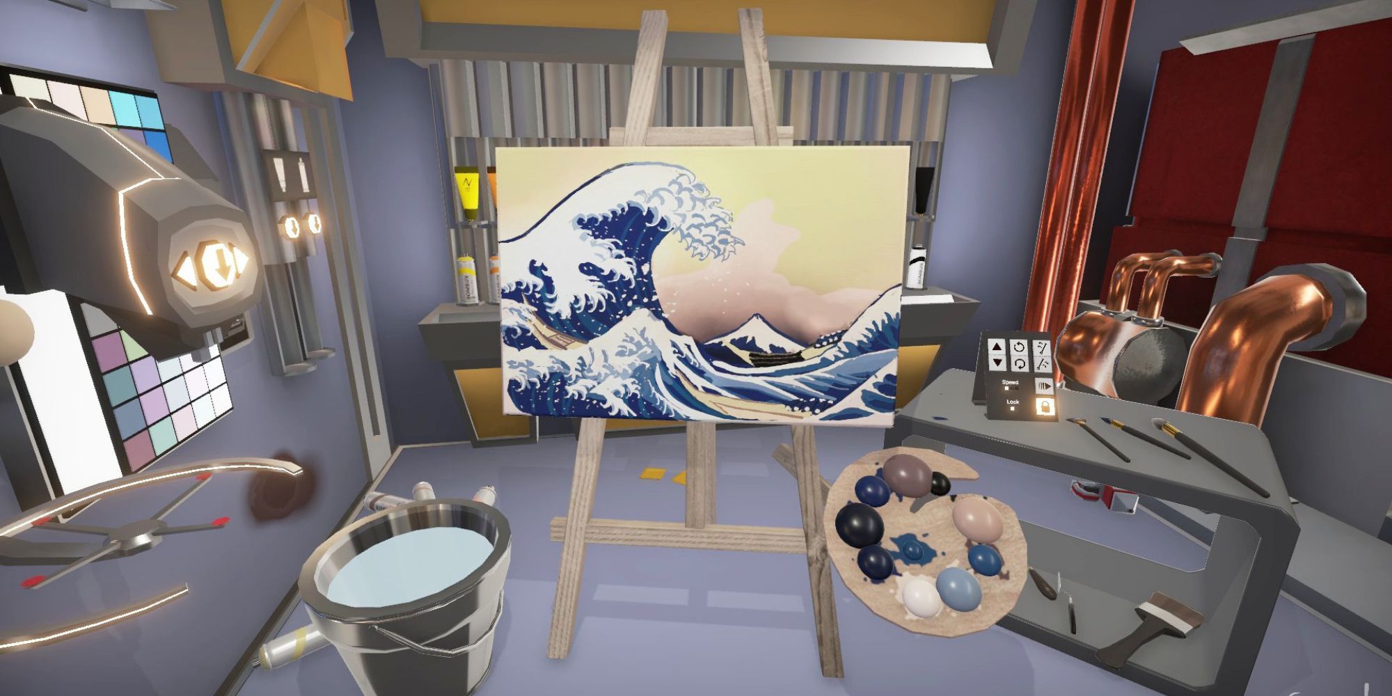A player painting on a canvas in SuchArt: Genius Artist Simulator