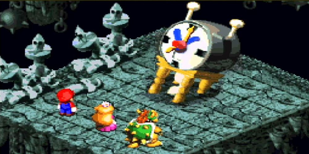 Mario, Princess Toadstool, and Bowser face off against Count Down in Super Mario RPG