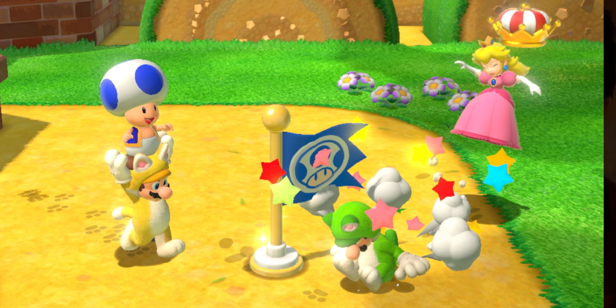 Mario, Toad, Luigi, and Peach roughhousing near a checkpoint in 3D World
