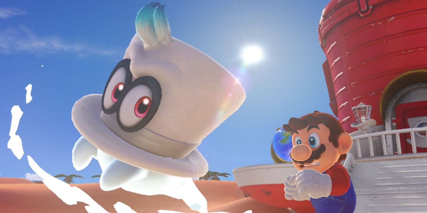 Cappy flying around Mario in Super Mario Odyssey