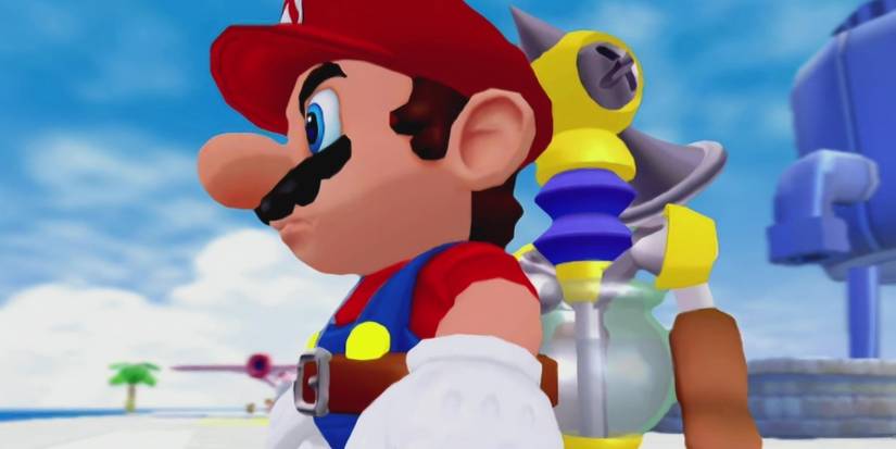 FLUDD on Mario's back at Delfino Airport in Super Mario Sunshine