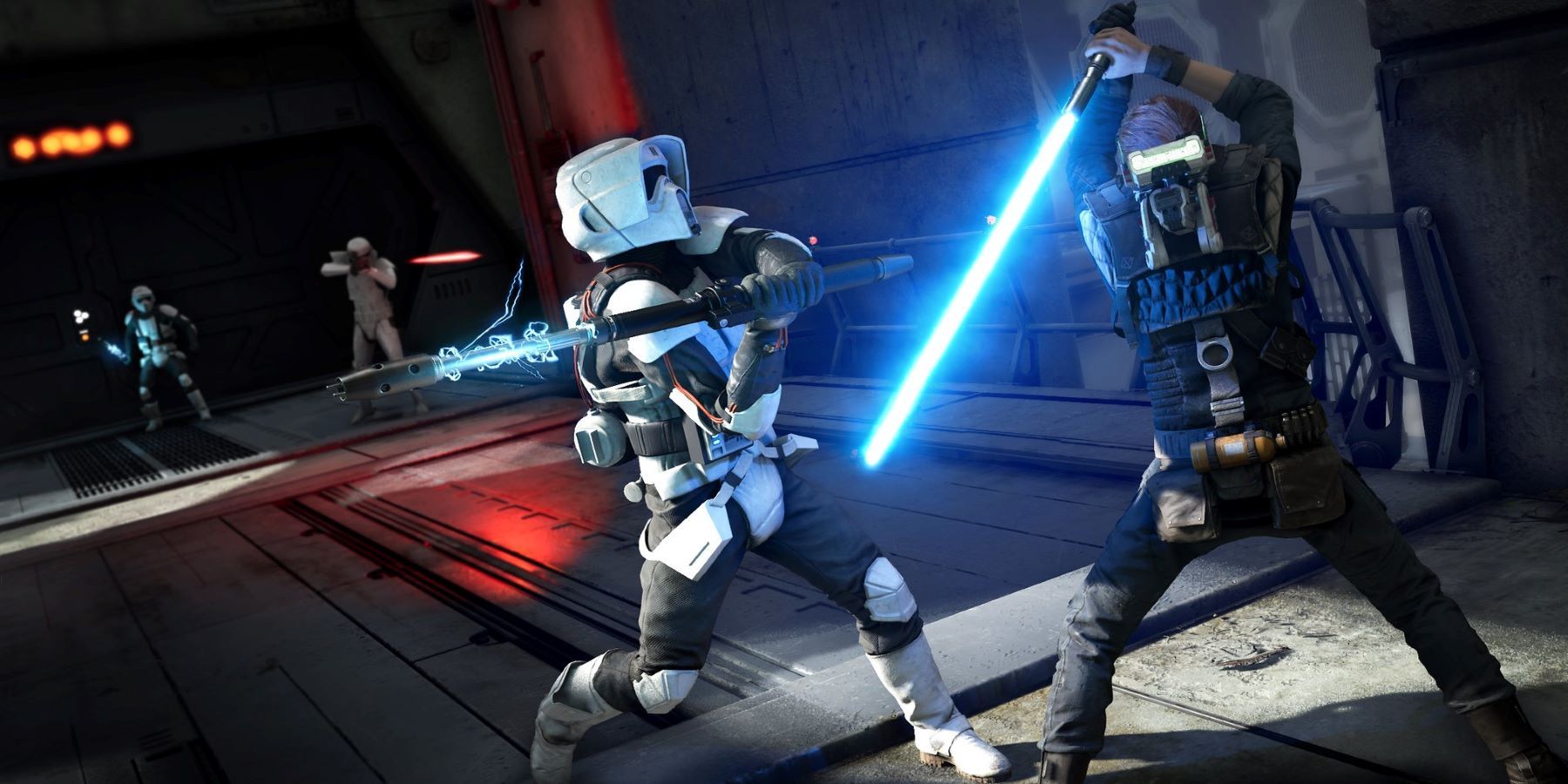 Cal Kestis fighting stormtroopers in Star Wars Jedi: Fallen Order
