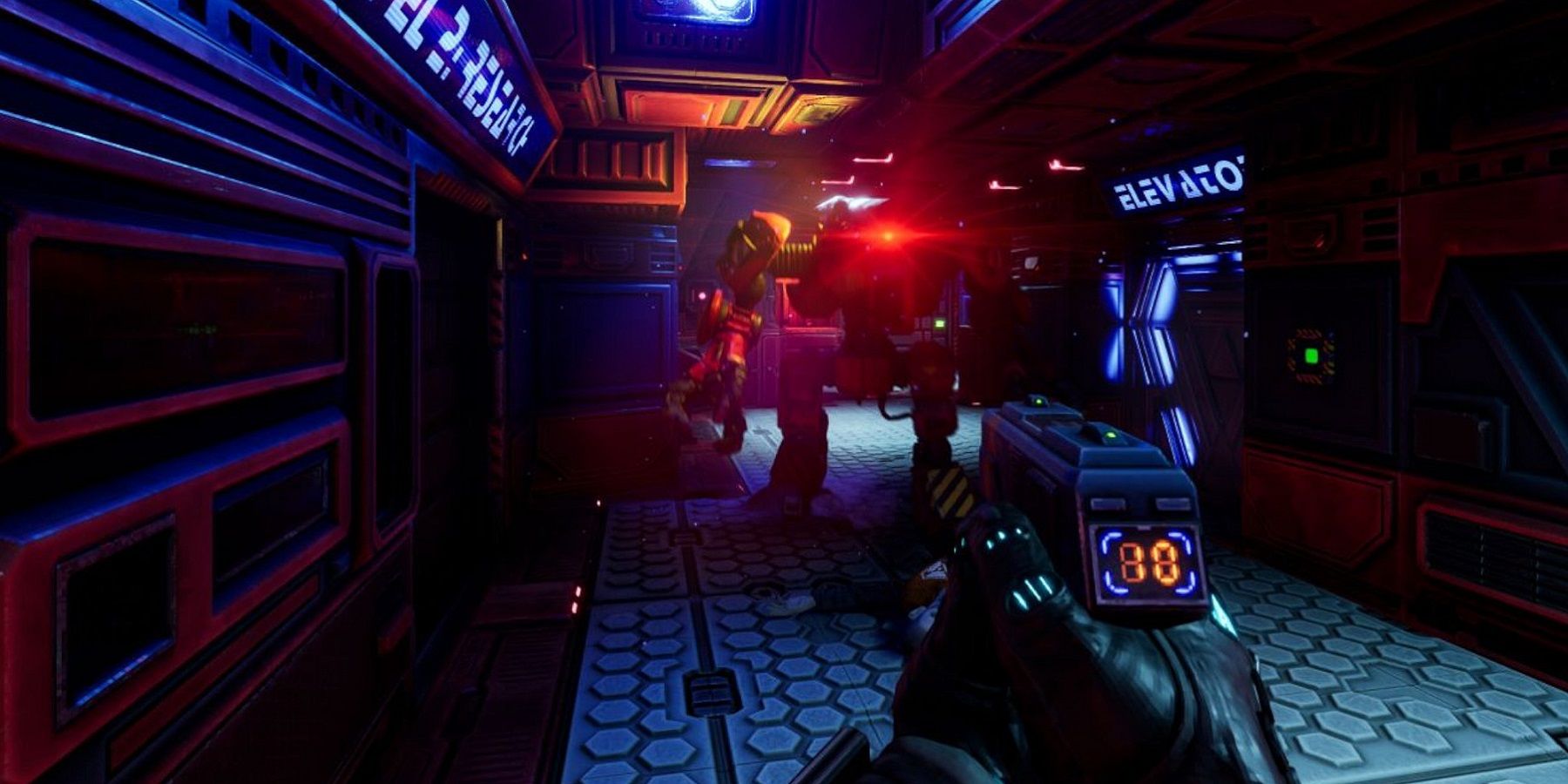 Screenshot from the upcoming remake of System Shock showing the player shooting at a robot in the dark.