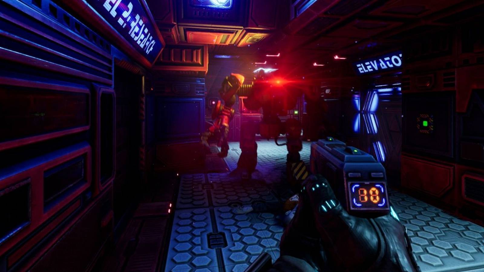 Screenshot from the upcoming remake of System Shock showing the player shooting at a robot in the dark.