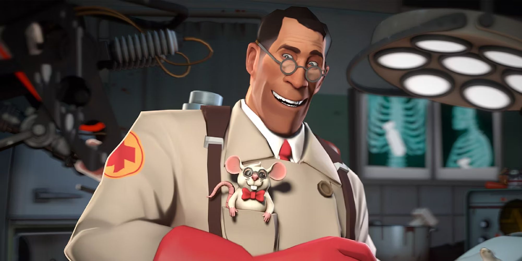 Le Medic de Team Fortress 2 sourit à l'adorable souris dans sa poche de poitrine.
