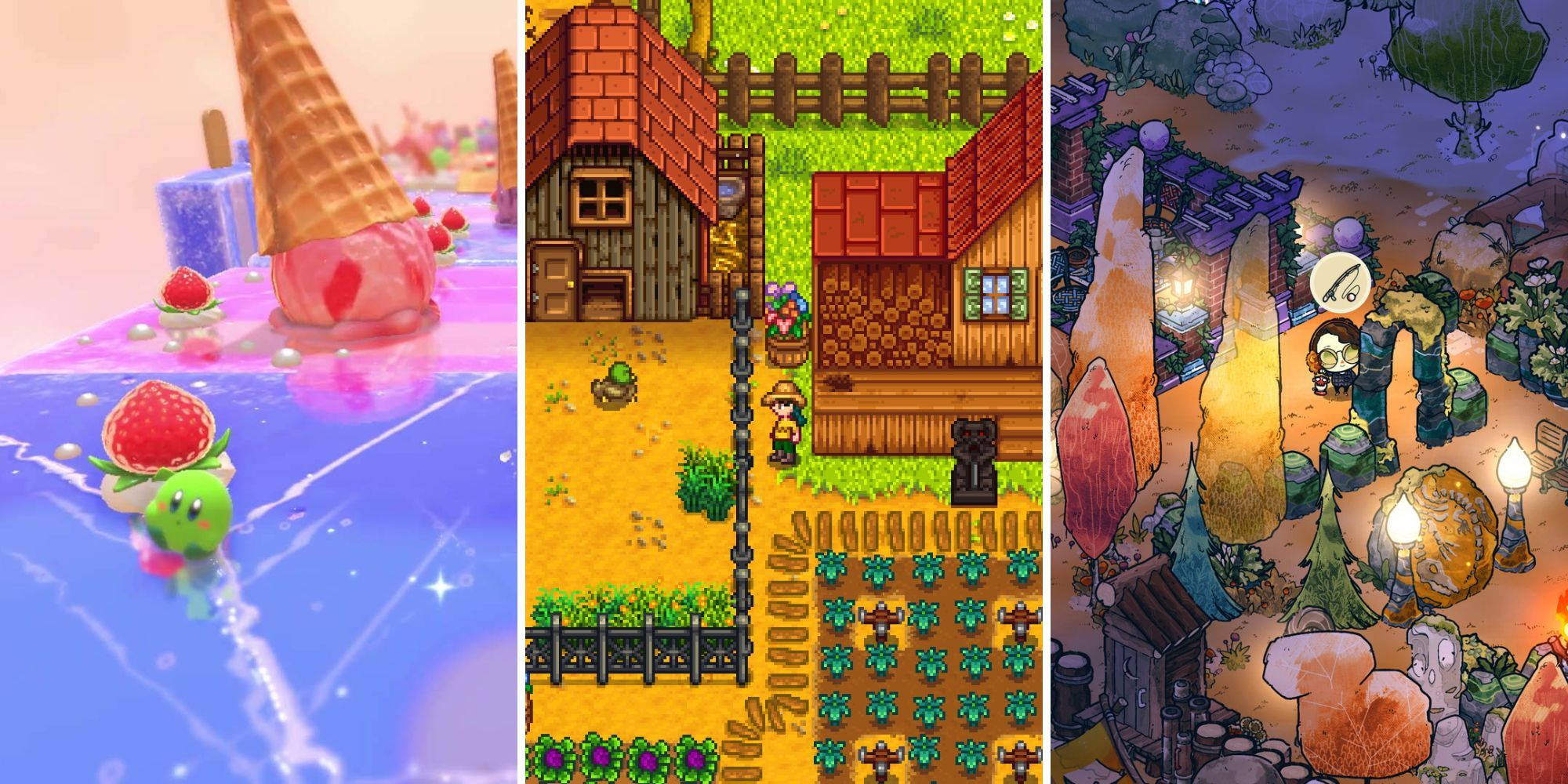 A grid of three images showing the cozy games Kirby's Dream Buffet, Stardew Valley, and Cozy Grove