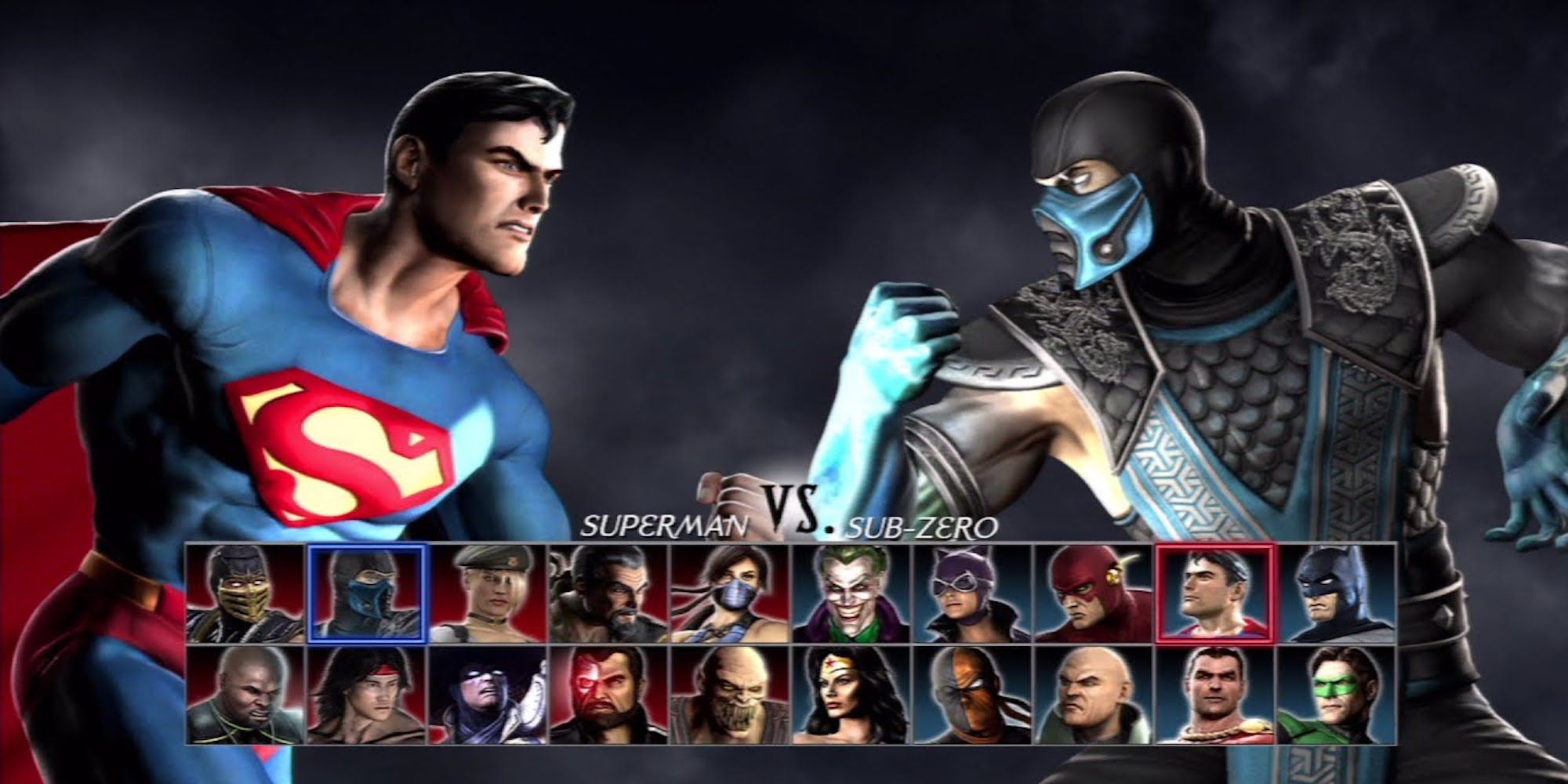 The character select screen in Mortal Kombat vs DC Universe