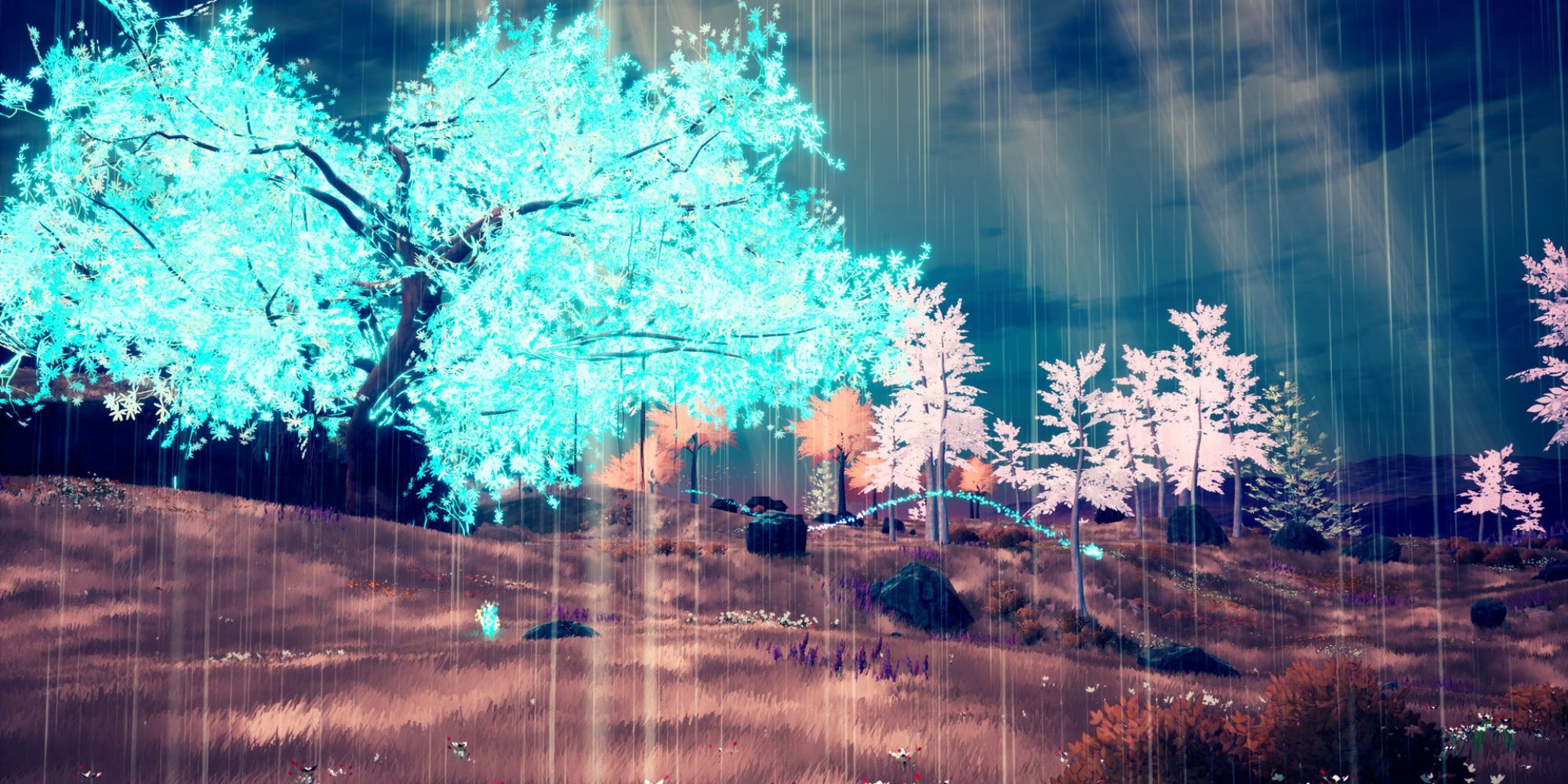 A blue glowing tree in the rain in The Companion
