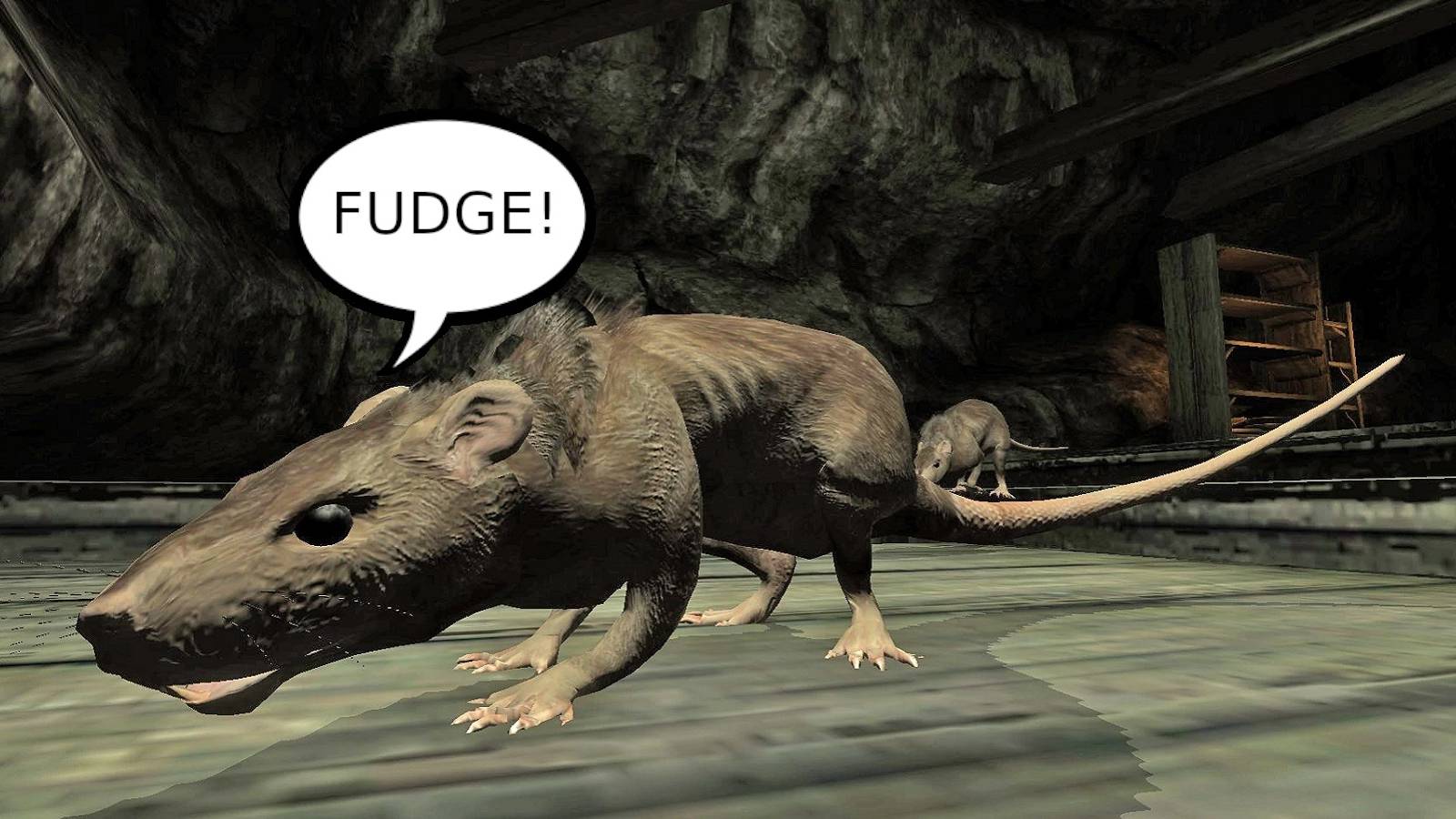 Image from Oblivion with a close-up of a sewer rat shouting the word 