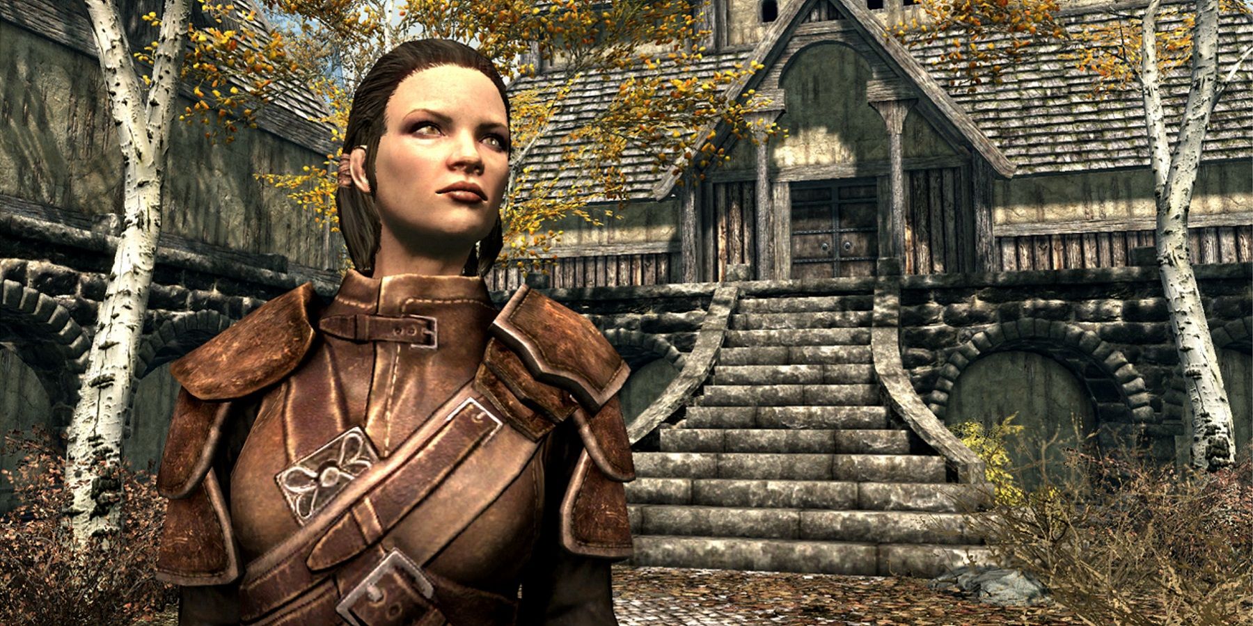 Screenshot from Skyrim showing a character in front of a building in Riften.