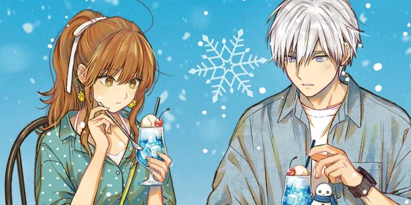 Colored manga screenshot of a winter scene featuring a brown haired woman and white haired man 