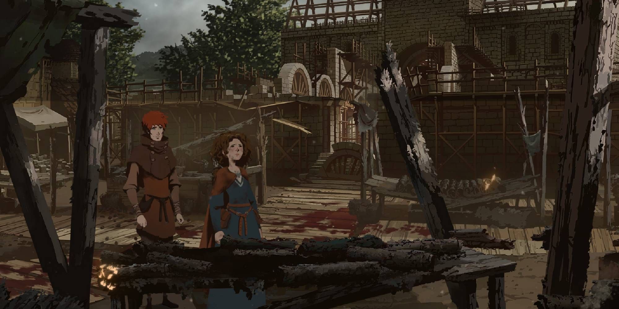 Jack and Aliena are standing in the ruins of Kingsbridge's market in the game The Pillars of the Earth