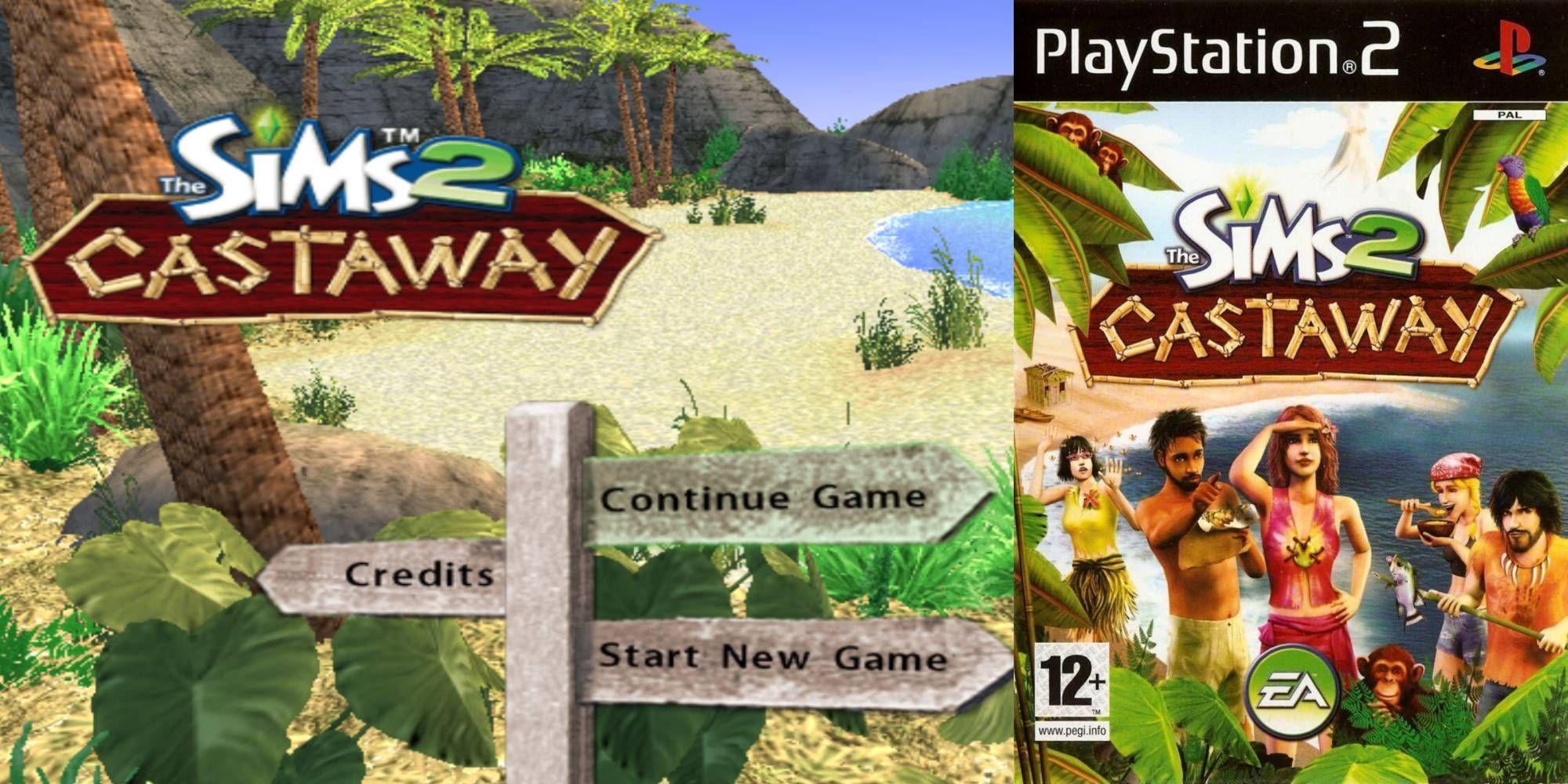 The in game menu for The Sims 2 Castaway next to the cover art