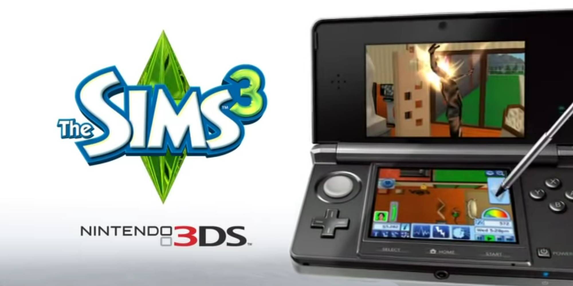 The Sims 3 logo on top of the Nintendo 3DS logo with the device to the right