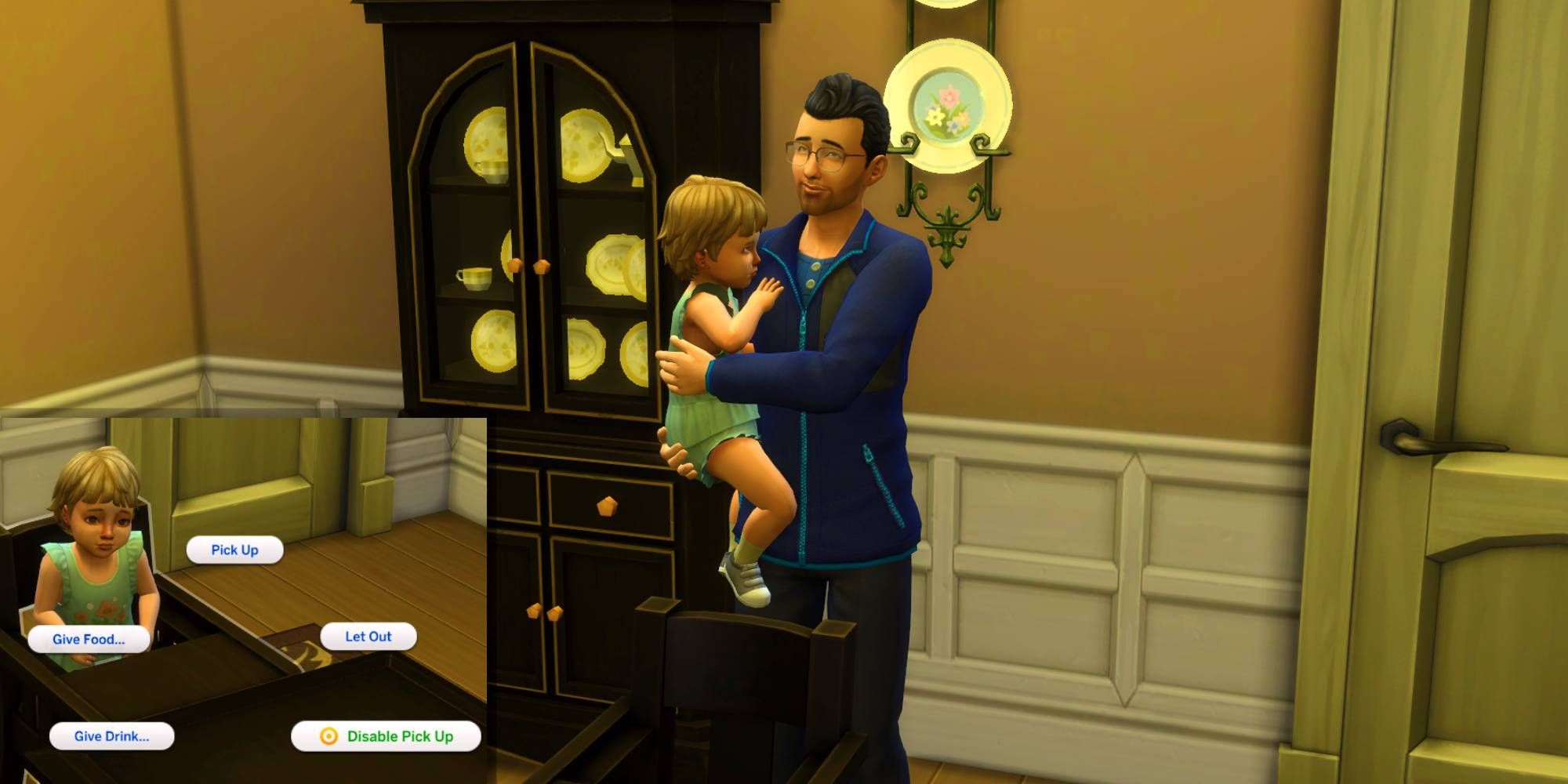 A toddler sim in their high chair displaying the High Chair Lock mod