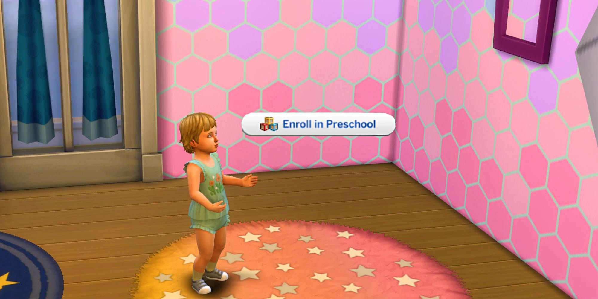 A toddler in The Sims 4 with the interaction bubble for Enroll in Preschool
