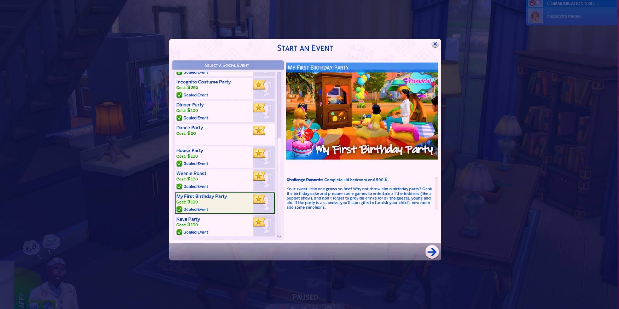 A screenshot showing the in-game menu for planning the My First Birthday Party event