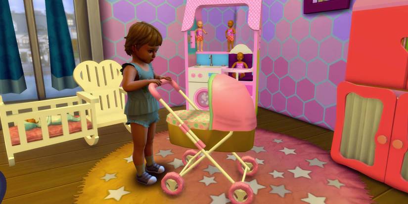 A toddler in The Sims 4 playing with a toy stroller in her nursery