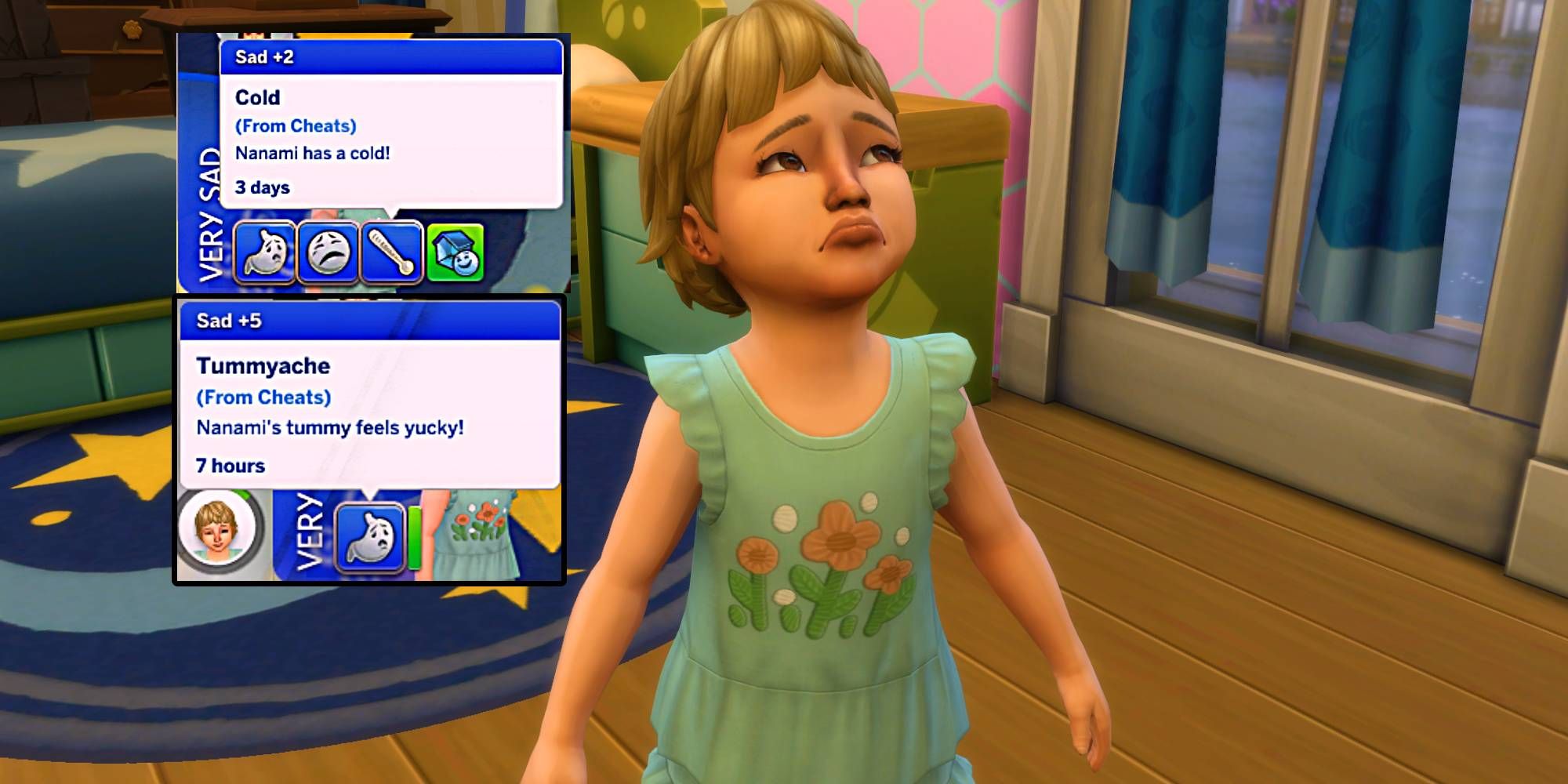 A toddler sim showing sickness buffs from the Toddler Sickness mod