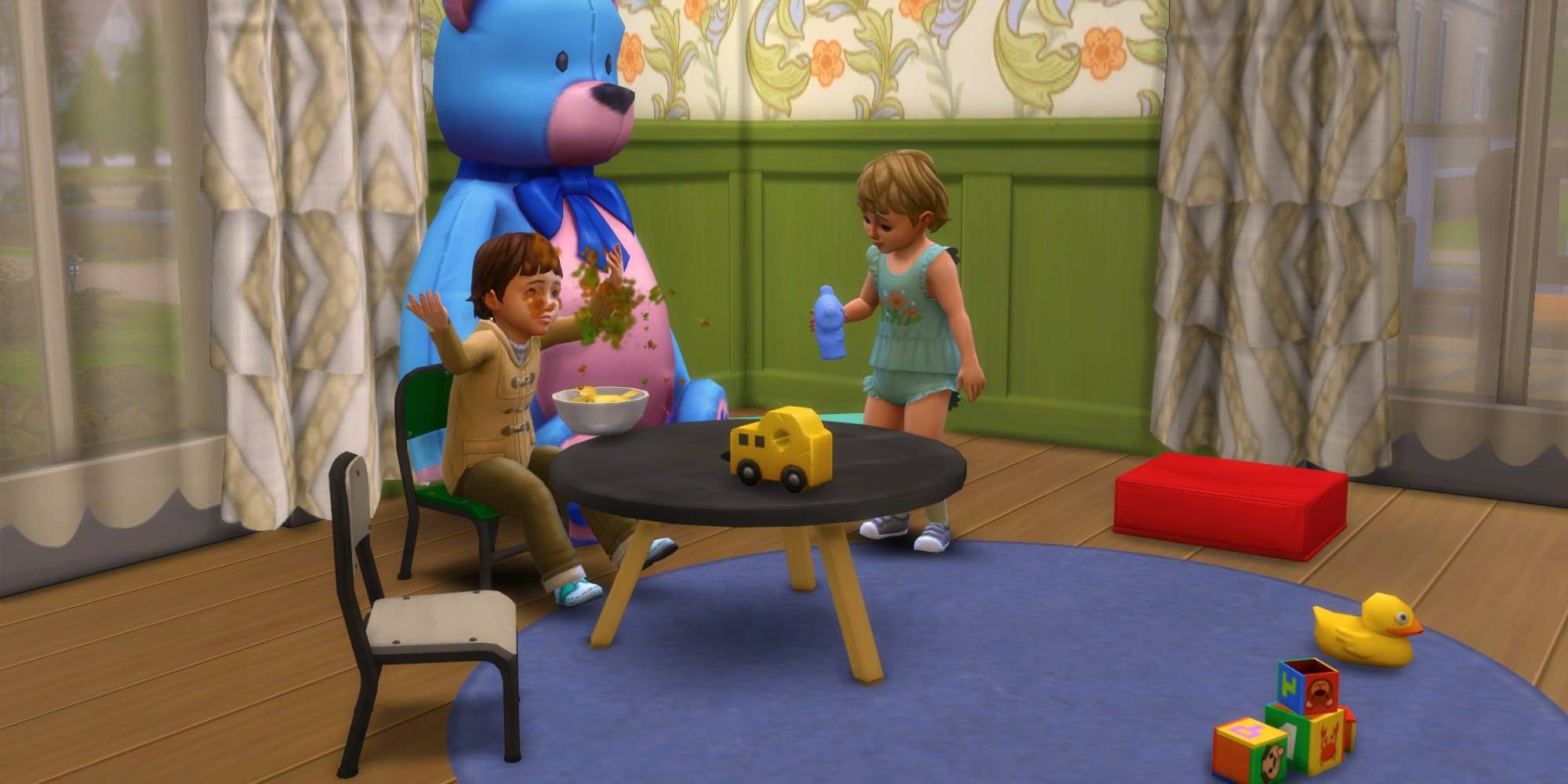 Toddlers in The Sims 4 using a table and chair set sized perfectly for them