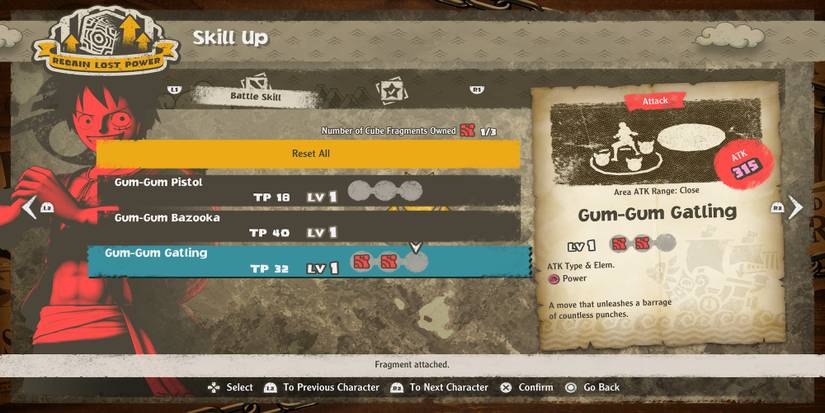 The upgrade menu in One Piece Odyssey