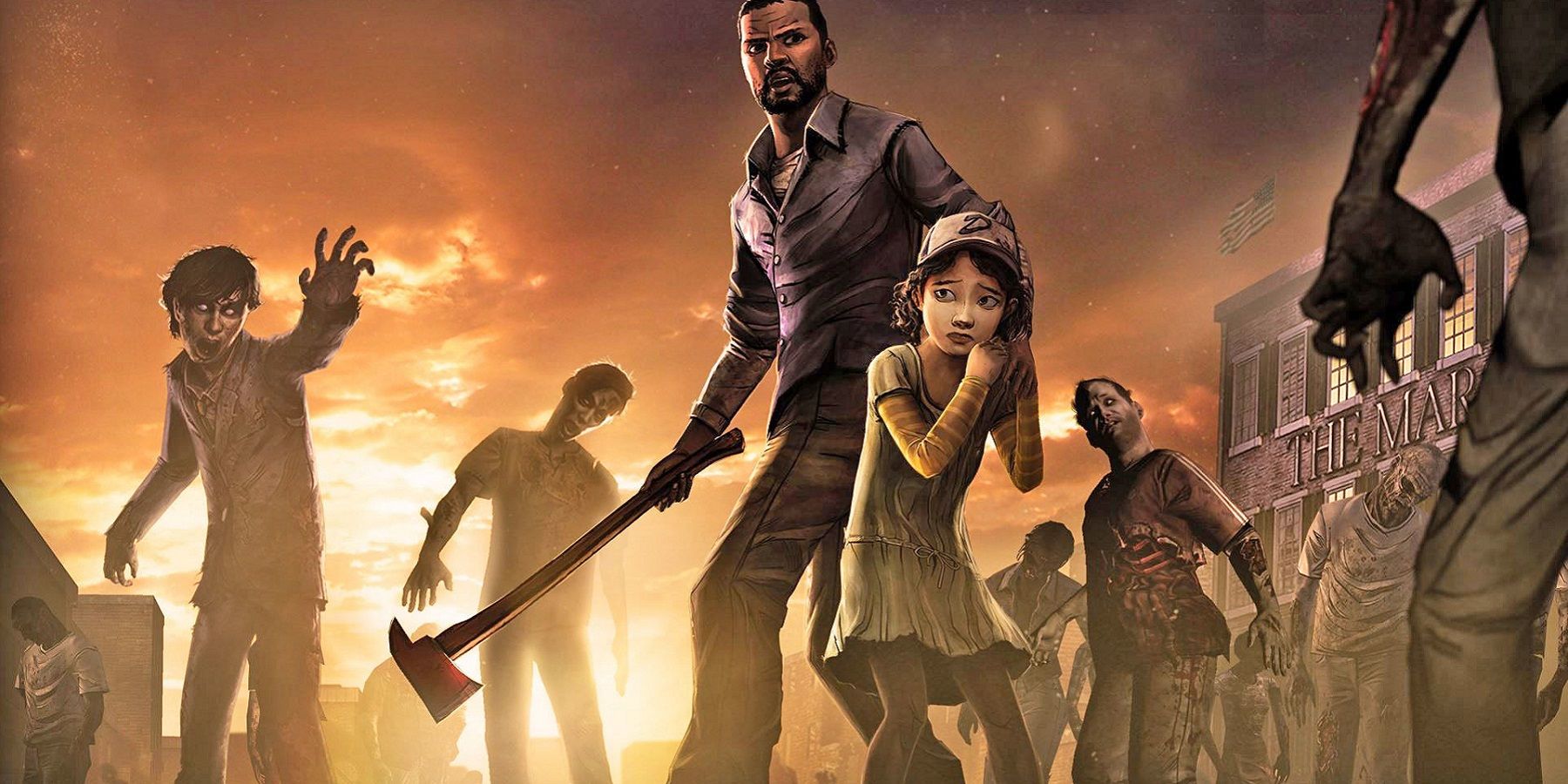 Imagen de The Walking Dead que muestra a Lee y Clementine rodeados de zombies.