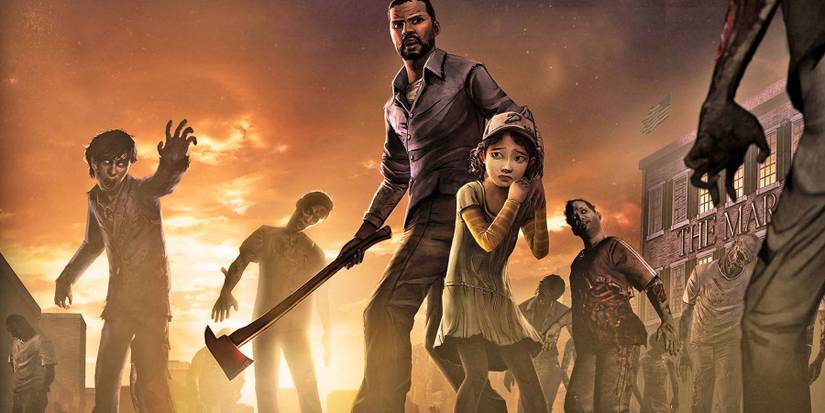 Image from The Walking Dead showing Lee and Clementine surrounded by zombies.
