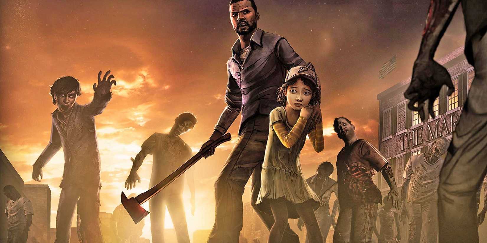 Image from The Walking Dead showing Lee and Clementine surrounded by zombies.