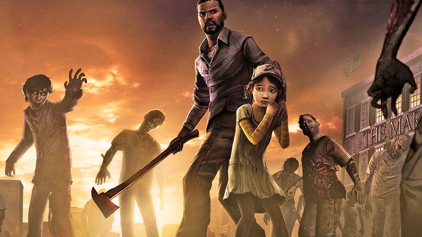 Image from The Walking Dead showing Lee and Clementine surrounded by zombies.