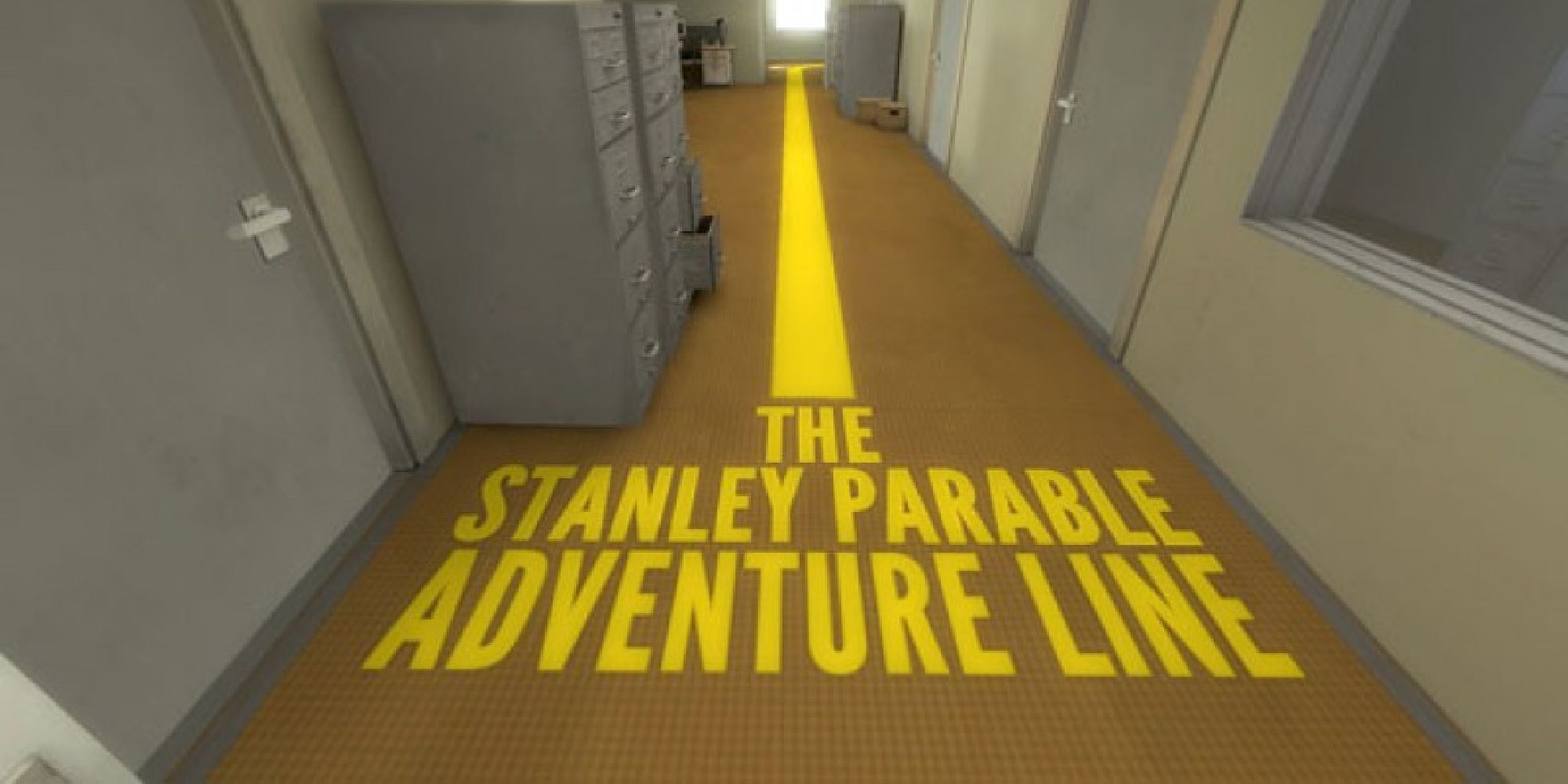 A yellow line marked The Stanley Parable Adventure Line on an office floor