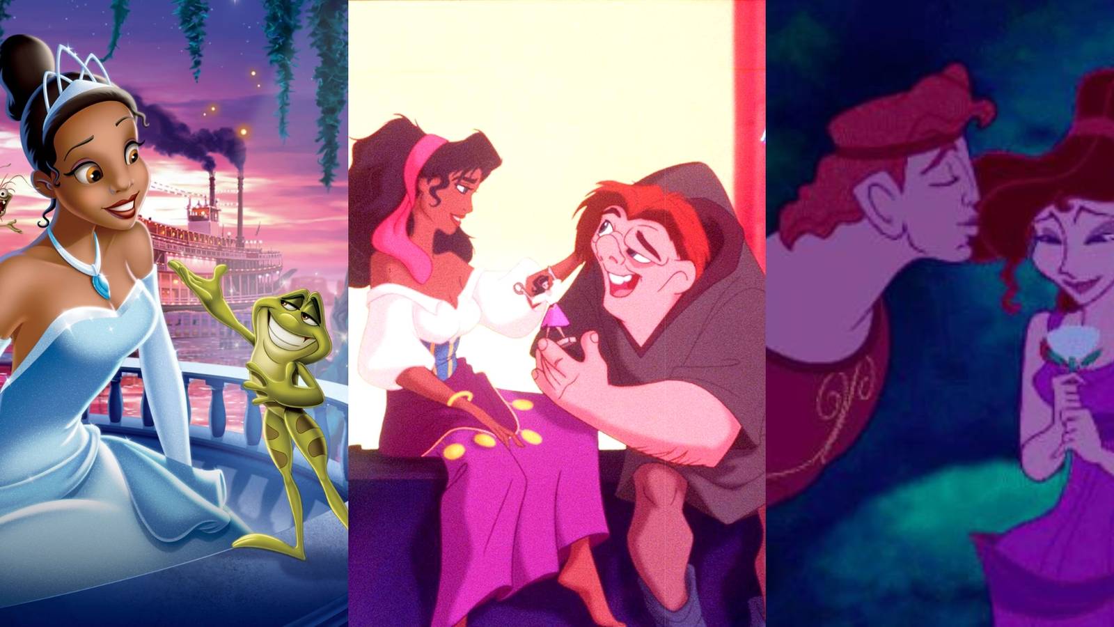 Tiana and Naveen in The Princess And The Frog, Esmeralda and Quasimodo in The Hunchback of Notre Dame, Hercules and Meg in Hercules