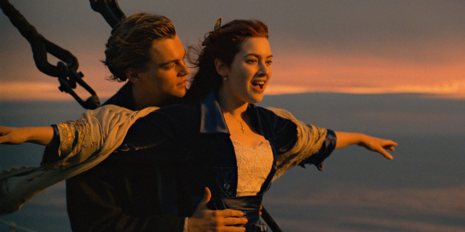 Leonardo DiCaprio as Jack holding Kate Winslet as Rose in Titanic iconic scene