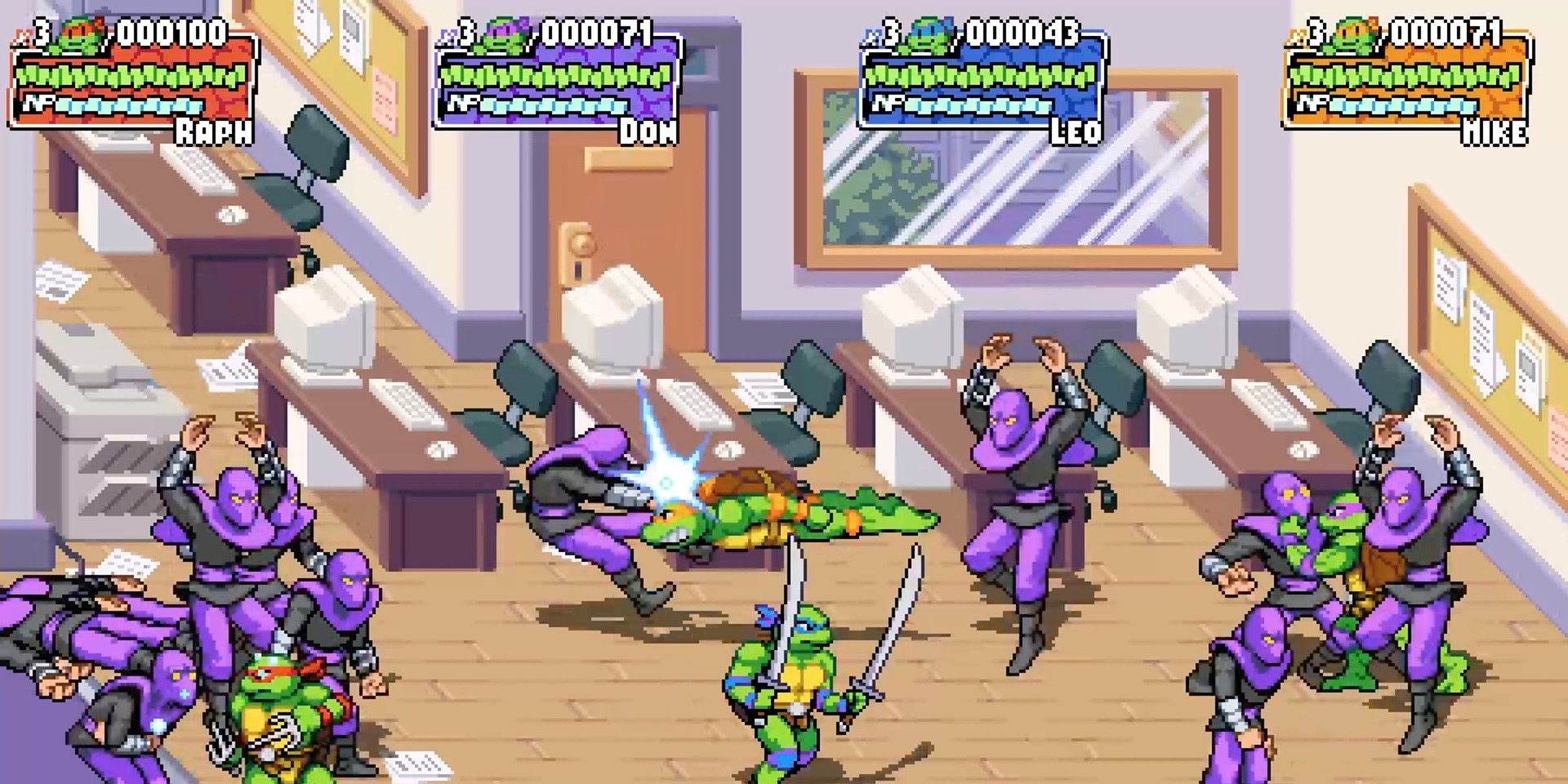 TMNT Shredders Revenge all the turtles fighting many ninjas
