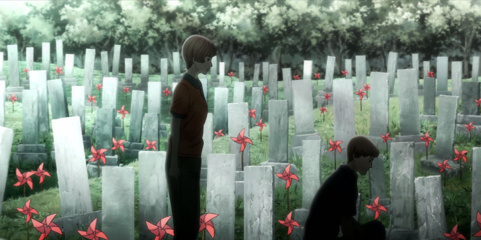 Anime - darkly lit figures sit in front of a graveyard