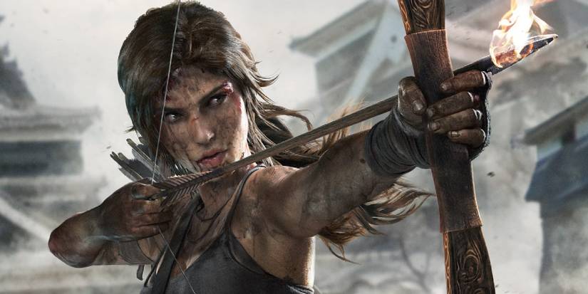 Lara Croft aiming a flaming arrow in a Tomb Raider 2013 poster