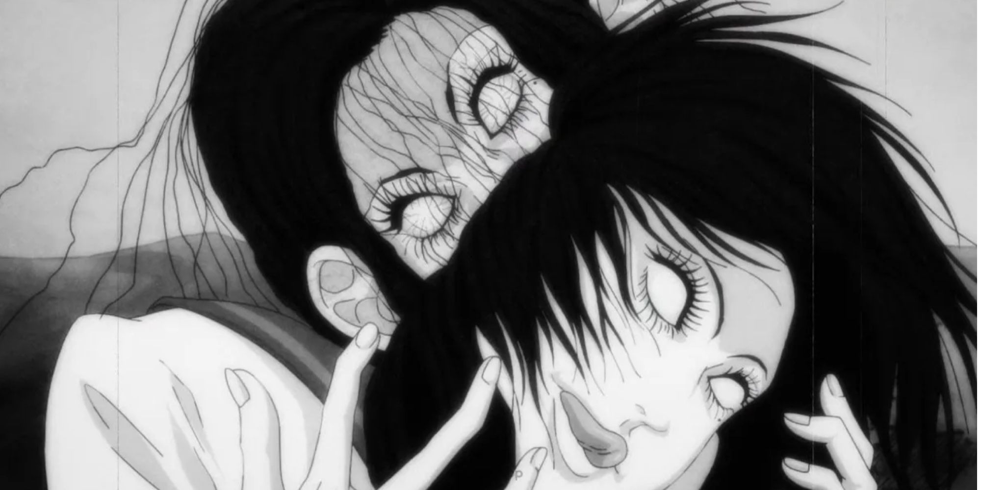 Anime - a black and white photograph of a girl with another head growing out of her head
