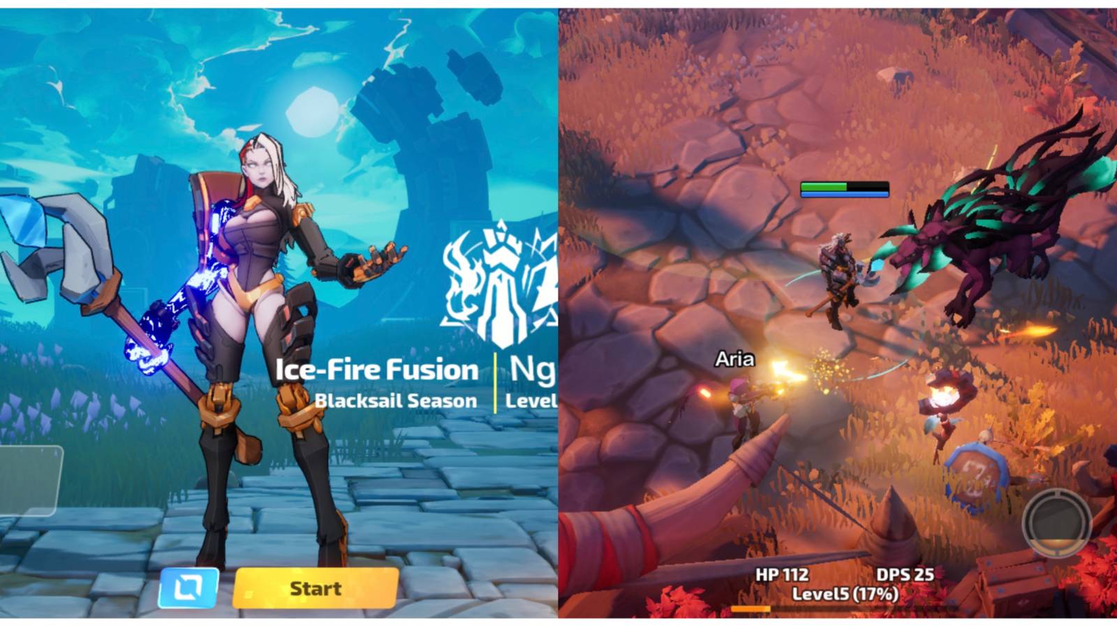 split image of Gemma during character selection and Gemma in battle in Torchlight: Infinite