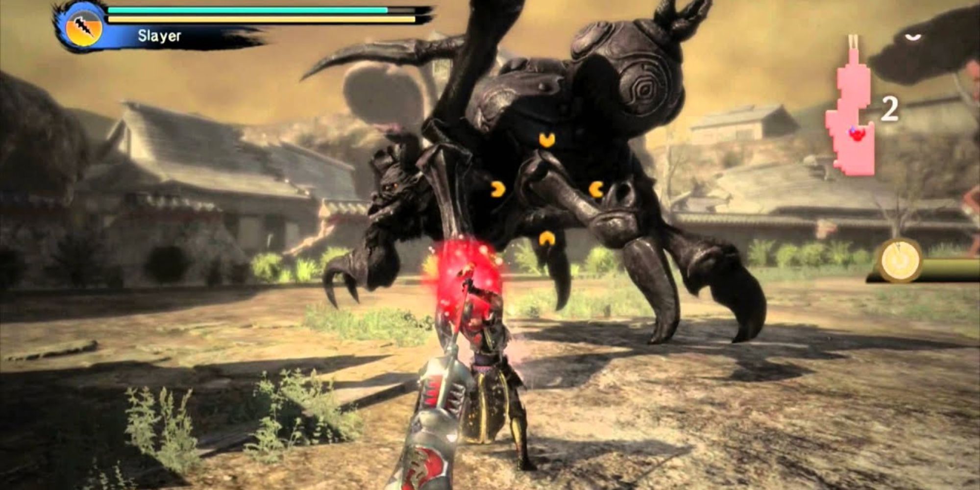 A player attacking a monster with a large sword in Toukiden: Kiwami
