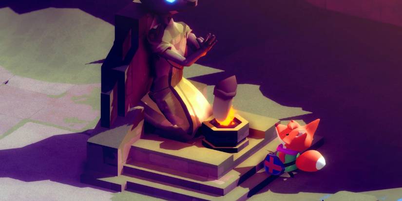 Tunic Fox Looking Up at Statue