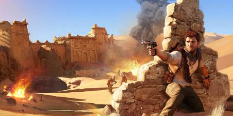 Nathan Drake taking cover pointing gun in Uncharted 3